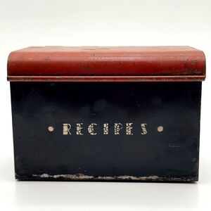 Vintage Metal Recipe File Box Hinged Lid Distressed Painted Finish Rustic Prop